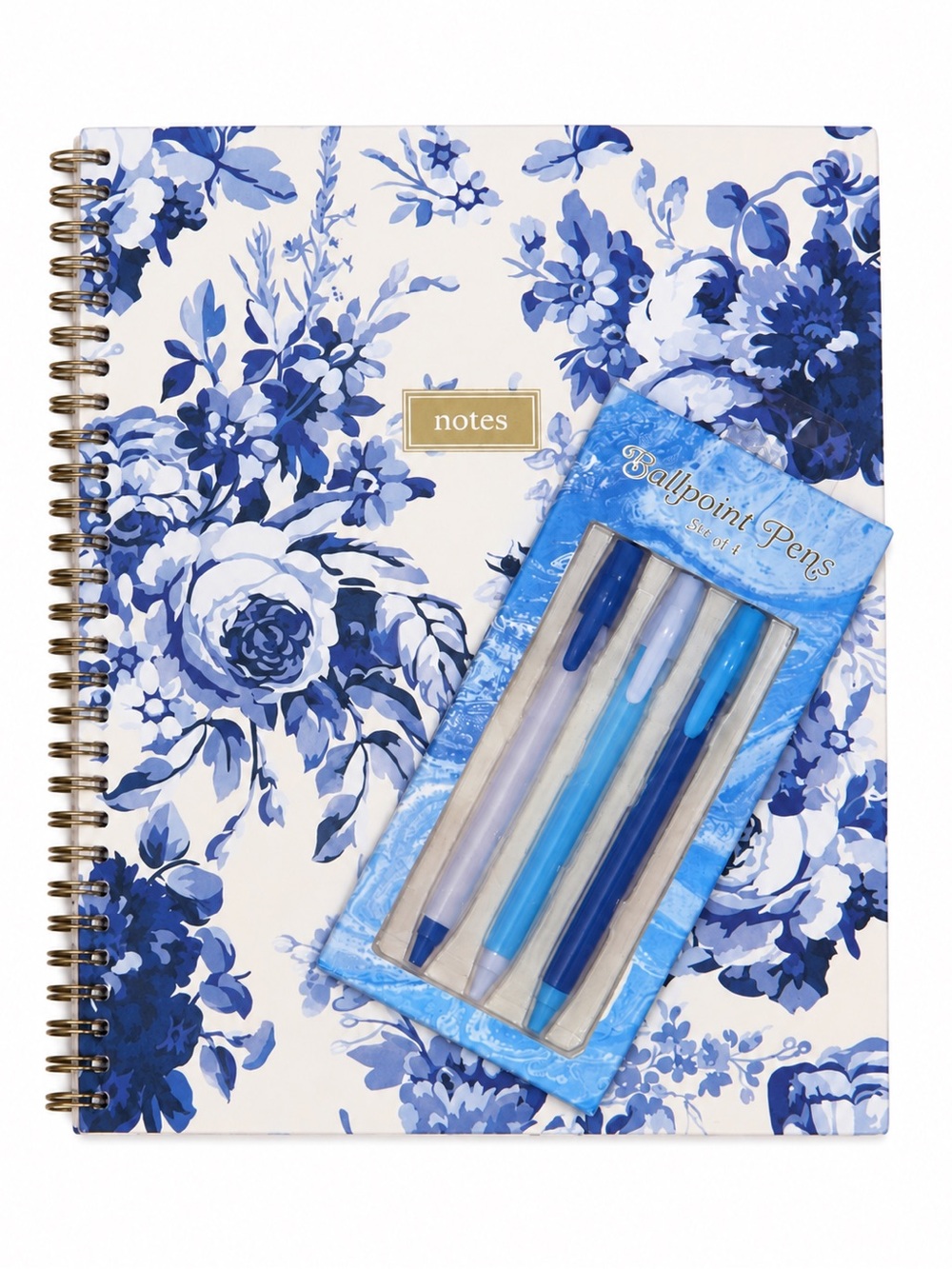 Blue Floral Spiral Notebook & 5-Piece Black Ink Pen Set